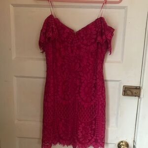 Wayf Fuchsia Lace Off-Shoulder Mini Dress
